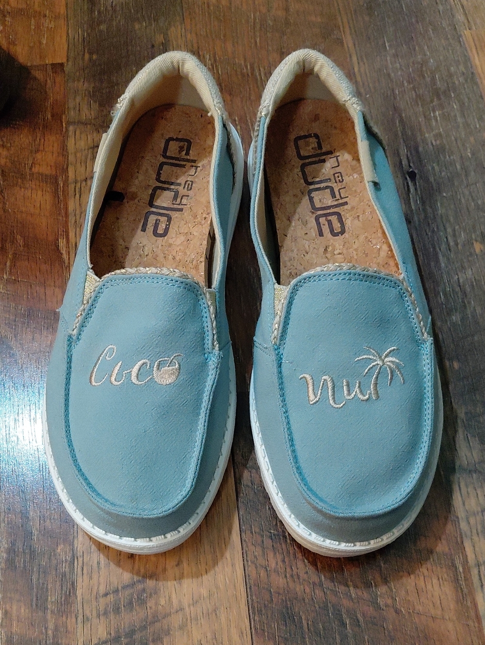 Hey Dude Blue Slip-On Shoes with Embroidered Tropical Motifs. Size 8